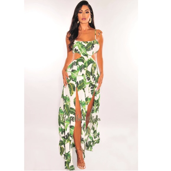 🌺Hot Miami Styles White Palm Cut Out Double Slit Maxi Dress🌿 - Picture 3 of 3